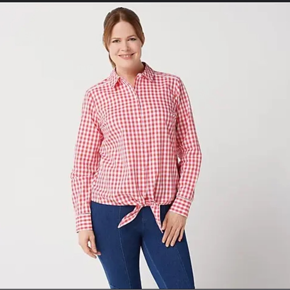 Isaac Mizrahi Live Button Up Tie Front Red Gingham Size 4